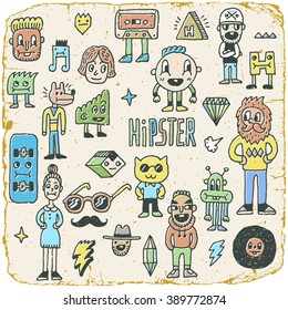 Funny Wacky Doodle Hipster Characters Set 1. Vintage Texture. Vector Illustration.