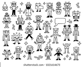 Funny Wacky Doodle Unusual Characters Set 2. Vector Outline Illustration. Black and White.