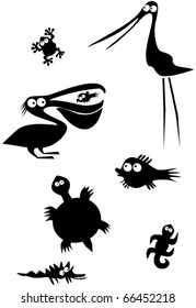Funny wading birds, frog, turtle and fishes