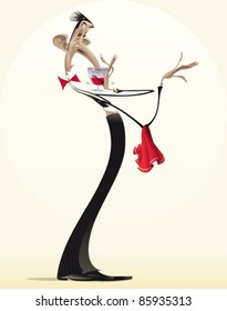 Funny waiter with red wine. Cartoon and vector illustration.