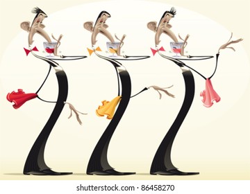 Funny waiters with different wines. Cartoon and vector illustration.