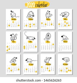 Funny wal calendar with rats, Symbol of Year 2020. Vector.