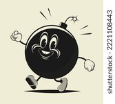 funny walking cartoon bomb in retro style