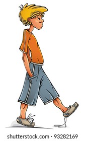 Funny Walking Clumsy Teenager Boy, Vector Illustration.