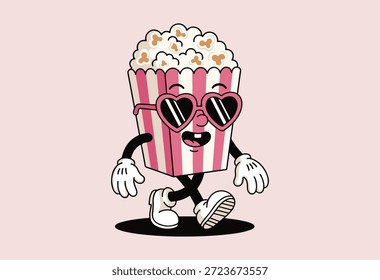 Personaje divertido de la caja de las palomitas de maíz que camina con las gafas de sol del corazón, Ilustración vectorial retro de la historieta