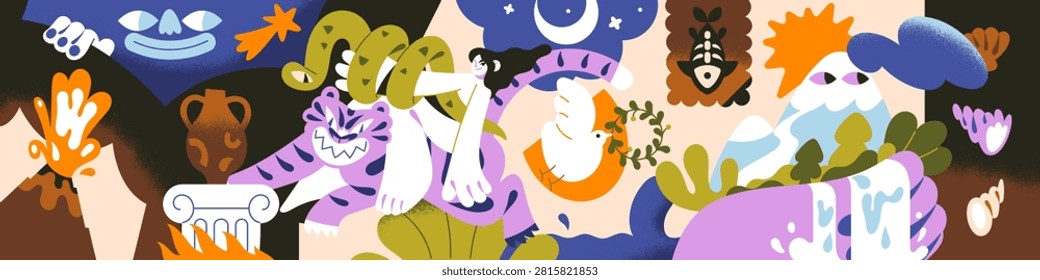 Funny wall mural with colourful abstract characters. Kids banner with imagination, dreams and fantasy. Design of background for nursery with bizarre and vivid print. Flat vector illustration
