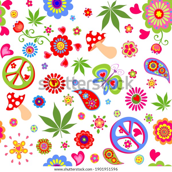 Funny\
wallpaper with hippie peace symbol, flower-power, poppies,\
butterfly, mushroom, marijuana leaves and\
paisley