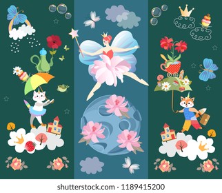 Funny wallpaper or poster for baby. Winged fairy princess, blue planet with gentle pink flowers, kitten and little fox with fantasy umbrellas, magic wand, stars, buildings, clouds, crown, teapot.