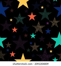 Funny wallpaper for textile and fabric. Fashion style. Colorful bright. Stars and scrapes are laid out in an interesting seamless pattern.