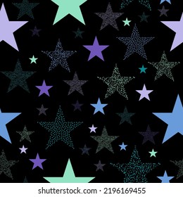 Funny wallpaper for textile and fabric. Fashion style. Colorful bright. seamless background with bright neon stars.