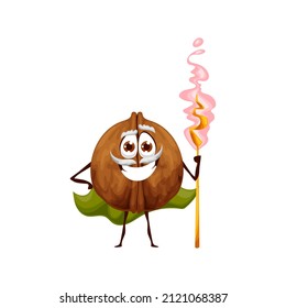 Funny walnut wizard character, vector unpeeled magician nut with magic staff. Cartoon wiz with mustaches making spell. Smiling sorcerer in cape, healthy product, fascinator personage, vitamin conjurer