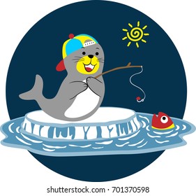 Funny walrus fishing on ice chunk, vector cartoon illustration