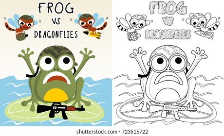 funny war of frog versus dragonflies, vector cartoon illustration, coloring page or book