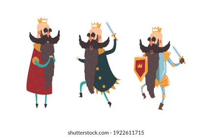 Funny Warlike King Character Set, Old Comic Bald Bearded King Wearing Gold Crown with Sword Cartoon Style Vector Illustration