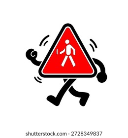 Divertido signo de advertencia de carácter caminando con guantes de boxeo. Concepto creativo del icono del cruce peatonal, humor de la seguridad vial, y Ilustración vectorial del símbolo de la alerta de la calle aislada en el fondo blanco