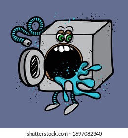 Funny washing machine character with water splashing from mouth. House hold object illustration. Mascot design isolated graphic