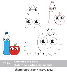 Funny Water Bottle and Apple. Dot to dot educational game for kids.