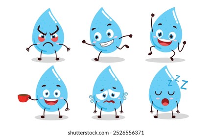 Divertido personaje de dibujos animados de gota de agua con varias Ilustraciones vectoriales de actividad de pose