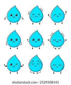 Funny water drop character with vector hand drawn cartoon kawaii character