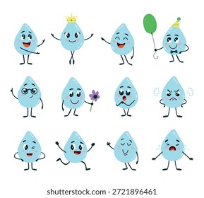 Lustige Wassertropfen Zeichen. Cartoon blau fallen verschiedene Posen und Emotionen. Aqua Charakter tanzen, weinen, Ballon halten. Nette Aufkleber klassischen Vektorsatz