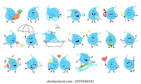 Funny water drops. Emotional stickers or childish mascots. Cartoon positive liquid characters drinking eating resting training, nowaday vector clipart