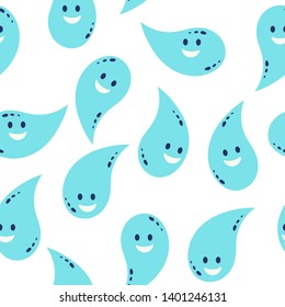 Funny water drops on white background. Vector seamless pattern . Kawaii.