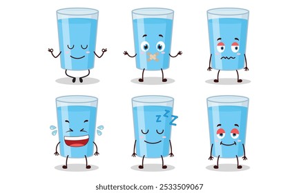 funny water in glass cartoon with various expressions vector illustration
