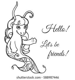Funny water monster with a mane/Decorative stylized mystical creatures, drawing by hand. Vector illustration for design, stencil, print on t-shirt, bag, notebook, card