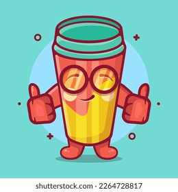 funny water tumbler character mascot with thumb up hand gesture isolated cartoon in flat style design