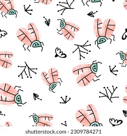 Funny Watercolor Doodle Flies Vector Seamless Pattern