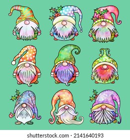 Funny Watercolor Garden Gnome Characters Wearing A Big Hat And Beard.
