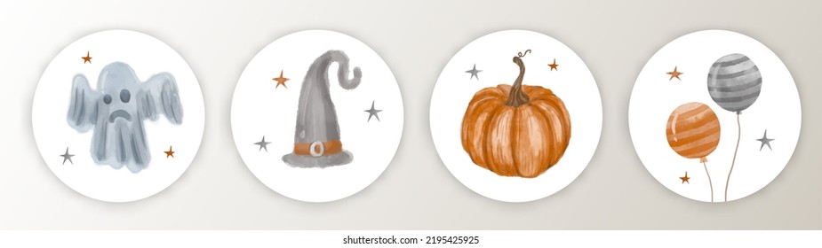 Funny Watercolor Hand Drawn Halloween Candy Bar Tags. Cute Halloween Cartoon. Infantile Style. Pumpkin, balloon, hat and Little Ghost