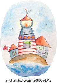 Funny watercolor lighthouse with a heart on a spire