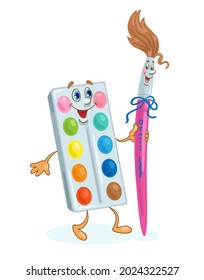 Funny watercolor paints in a box and a cute paintbrush. School supplies. In cartoon style. Isolated on white background. Vector flat illustration