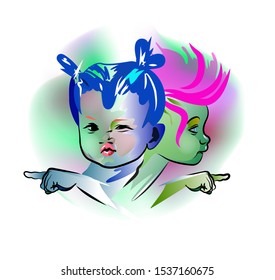 funny watercolor vector portrait of two baby monsters, watercolor print of the holiday halloween, fashionable makeup and hairstyles