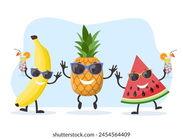 Personaje divertido de sandía, plátano y piña con cara humana y vaso de cóctel que se divierten en la fiesta. Diseño de verano colorido. Ilustración vectorial en estilo plano