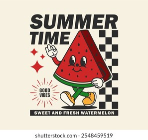 Funny watermelon cartoon character design. Vintage tropical fruit mascot vector illustration for logos, mascots, merchandise, t-shirts, stickers, and more