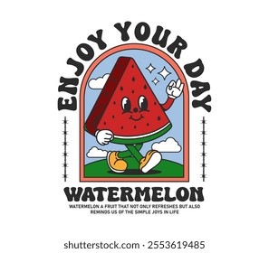 Funny watermelon cartoon character design, vintage tropical fruit mascot vector illustration for logo, merchandise, t-shirts, stickers, and more