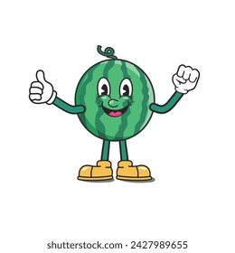 Funny watermelon cartoon character, raised fist, thumb up. melon mascot wearing glove and shoes. Groovy Retro cartoon characters for icon, mascot, logo, label, poster, banner, print, sticker, clipart