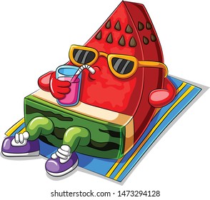 funny watermelon cartoon sunbathing and drinking juice