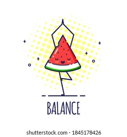 Funny Watermelon Character Standing in Tree Pose Vrikshasana. Yoga Classes. White Background
