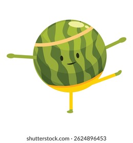 Funny watermelon character wearing shorts doing gymnastics, healthy food concept
