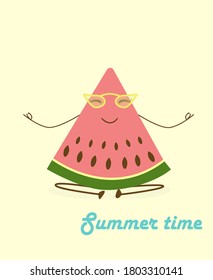 Funny watermelon character in yoga poses. Cartoon childish illustration of fruits. Healthy summer food.