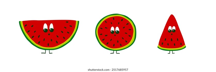 Personagens engraçados de melancia. Três personagens de melancia em pé em uma linha com o fundo. Design de camiseta.