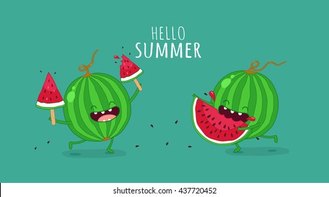 Funny watermelon eating a piece of watermelon. Hello summer. Use for card, poster, banner, web design and print on t-shirt. Easy to edit. Vector illustration.