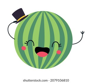 Funny personaje de fruta de sandía con cara sonriente y brazo con vectores de sombrero superior Ilustración