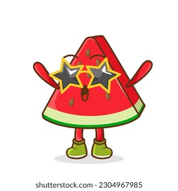 Funny watermelon fruit character in star-shaped glasses having fun at party, cartoon vector illustration isolated on white background. Cartoon watermelon fruit character, party mascot