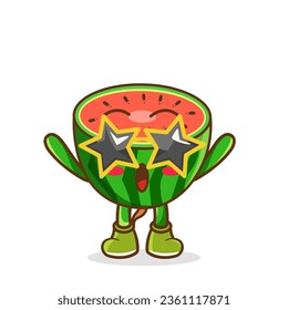 Funny watermelon fruit character in star-shaped glasses having fun at party, cartoon vector illustration isolated on white background. Cartoon watermelon fruit character, party mascot