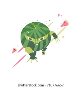 Funny watermelon fruit hero, superhero character, guard, defendor, flat style cartoon vector illustrations isolated on white background. Watermelon fruit hero, superhero character in mask and cape