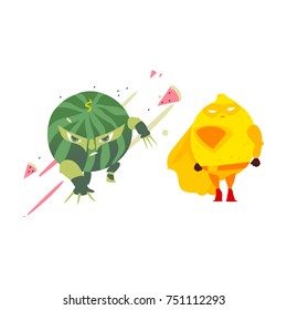 Funny watermelon and lemon fruit hero, superhero character set, flat style cartoon vector illustrations isolated on white background. Ninja watermelon and superhero lemon characters in mask and cape